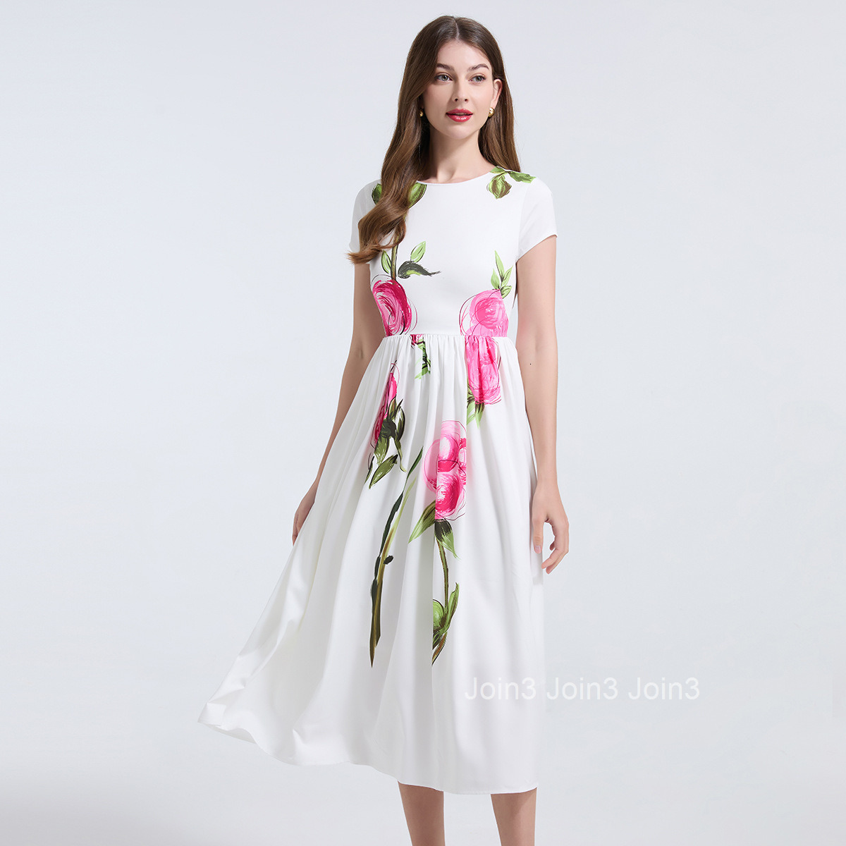 754 Pink Floral Waist-Cinching Slimming Flared Dress Elegant and Youthful Short Sleeve Dress
