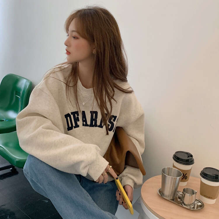 Lightweight for Women 2023 Autumn New Embroidered Letter Loose Sweatshirt Korean Style Student Pullover Top