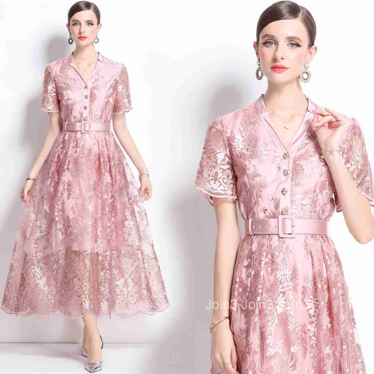 1691 New Style Mesh Embroidered Long Dress with High-end Feel Pocket V-neck Slim Fit Dress with Belt