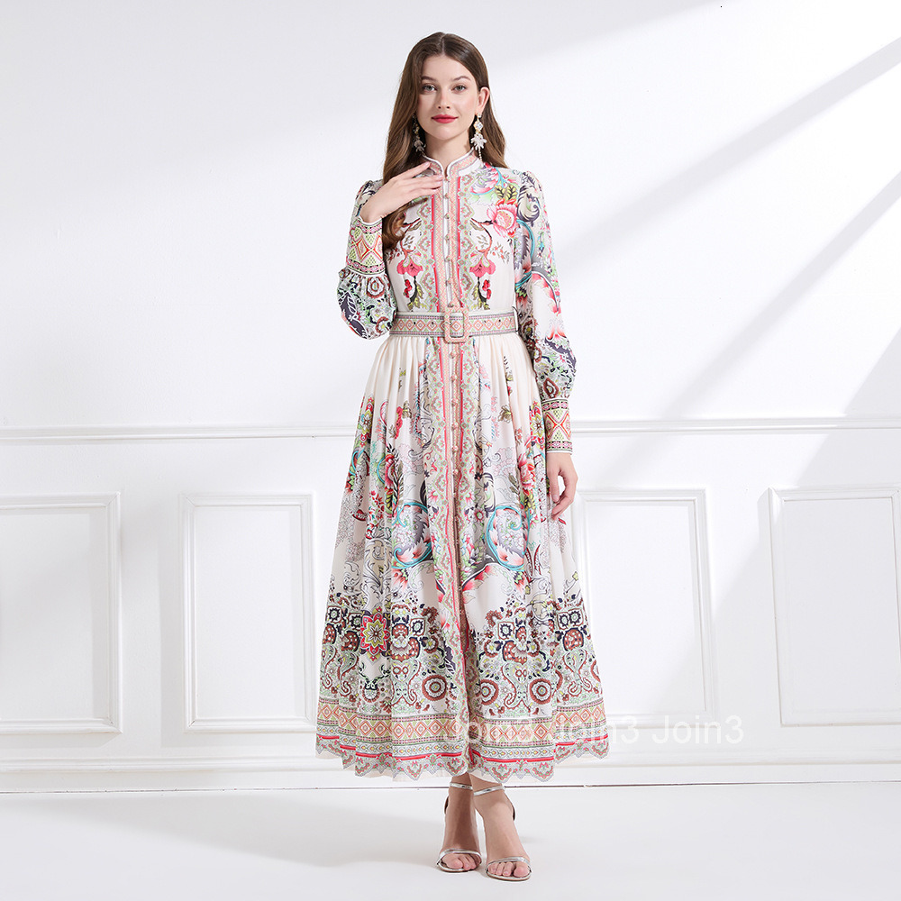 2175 Spring New Womens Clothing Elegance Style Stand Collar Printed Lantern Sleeve Long Dress