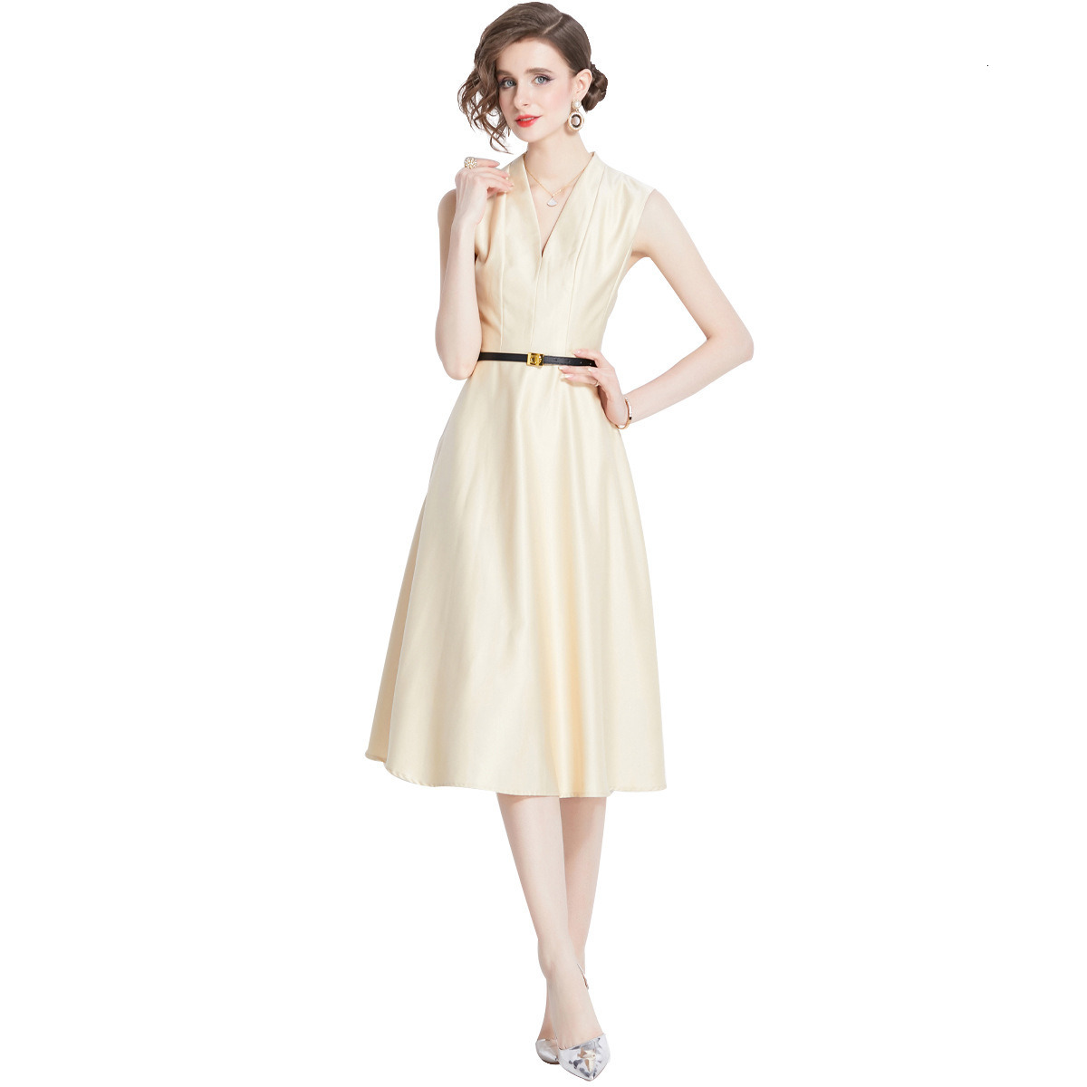 5801 Summer Dress for Women High Waist Slim Fit Sleeveless Tie Collar Mid-Length Dress