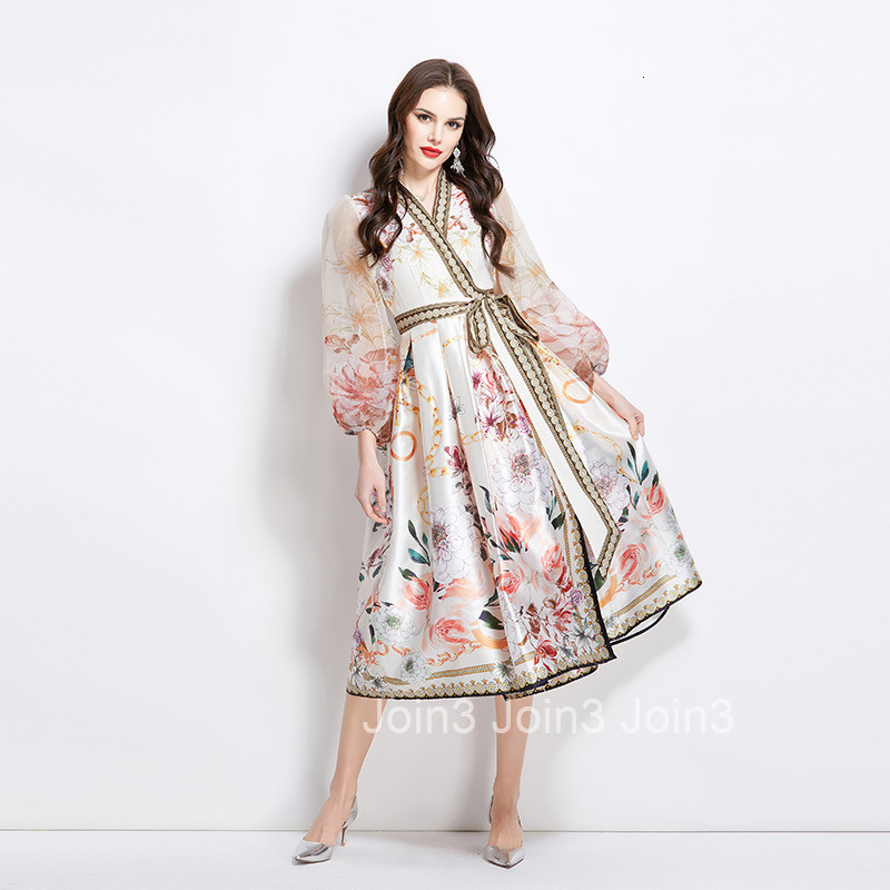 2736 Spring New Style Collar Ethnic Print Satin Wrap Long Dress