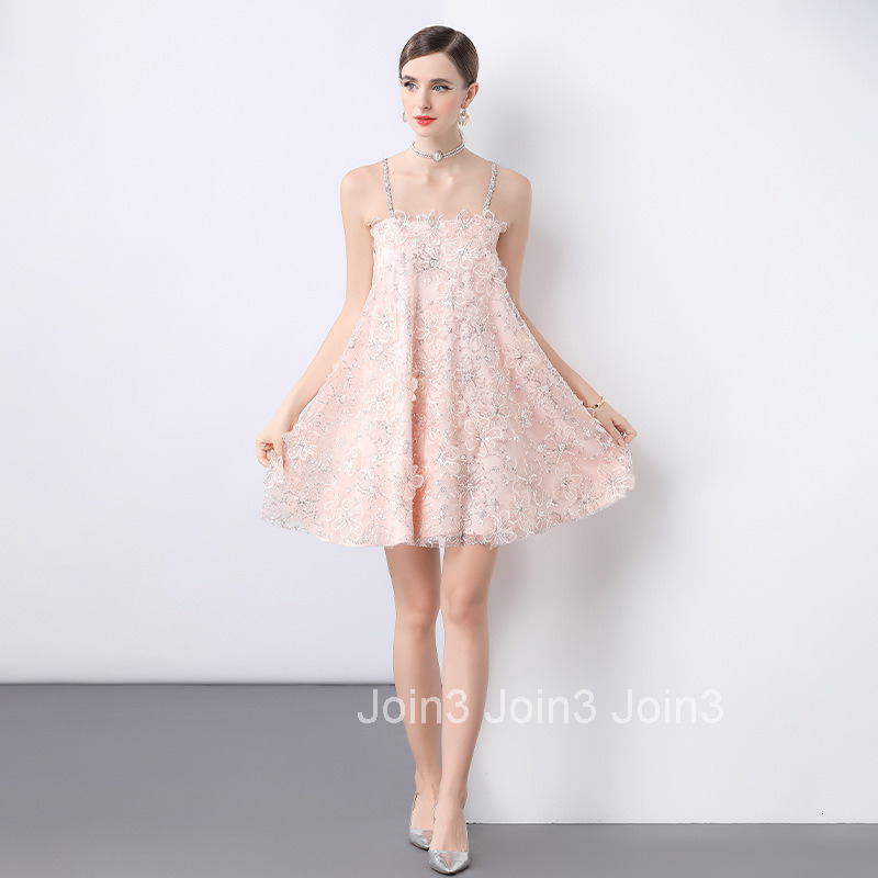 7165 New Sequin 3D Flower Strap Dress for Women Summer Elegant Loose Princess Dress