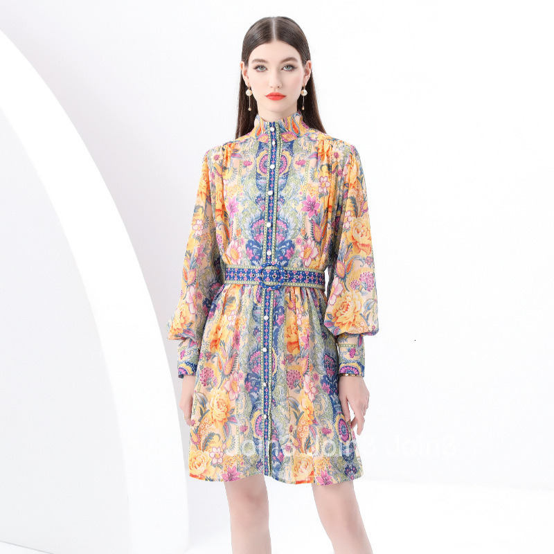 6161 Early Spring New Womens Fashion Stand up Collar Lantern Sleeve Short Skirt Printed Dress Two Piece Set