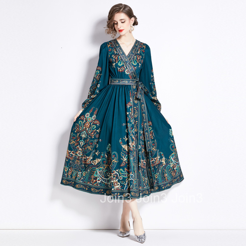 2372 Early Spring New Womens V-neck Ethnic Style Long Sleeve Printed Tie Large Hem Long Dress