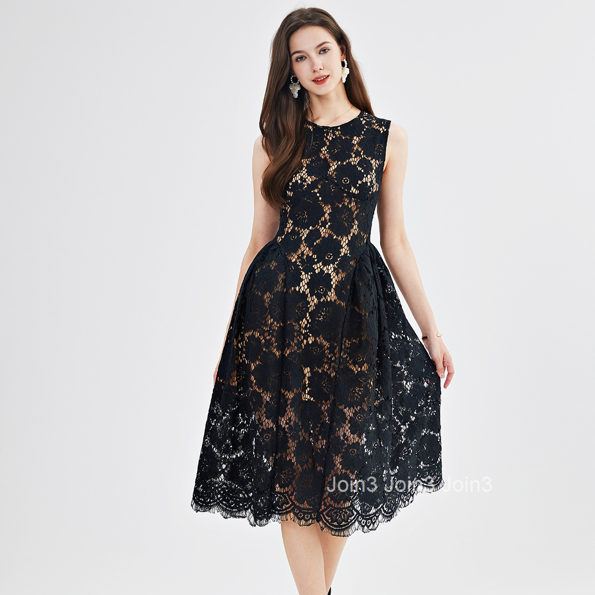 797 Lace Eyelash Puffy Vest Round Neck Dress Slim High Waist Dress