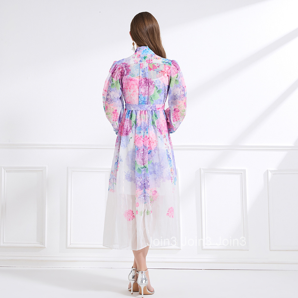 2184 Spring New Womens Clothing Stand Collar Printed Lantern Sleeve Waist Cinching Flared Long Dress Two-Piece Set