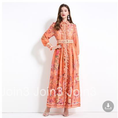 2161 Spring/Summer Chiffon Shirt with Printed Collar Long Sleeve Waist Collection Lotus Leaf Side Skirt - Two Piece Set