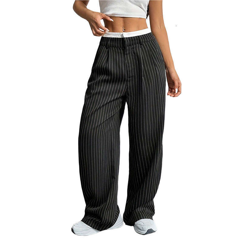 2025 Spring Summer New Women's Dress Pants Cross-Border Japanese Korean Casual High Waist Spliced Simple Draped Commuter Straight-Leg Trousers