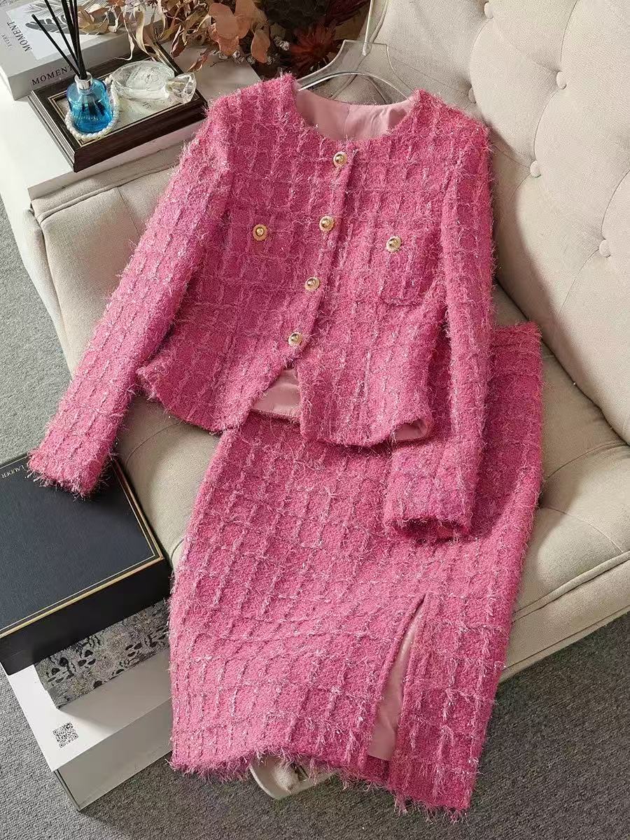 Autumn Fashion Rose Red Woolen Two Piece Dress Set For Women Golden Button Chain Belt Tweed Short Jacket Coat+Split Midi Skirt Suit