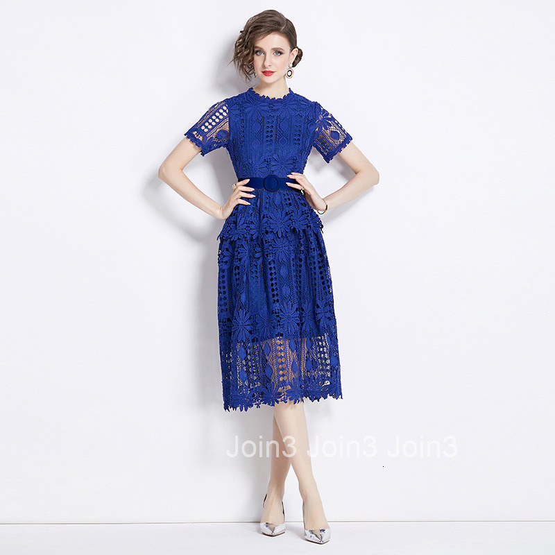 529 Summer New Womens Clothing Style Fashionable and Skinny Hollow out Water soluble Lace Short Sleeve Medium length Dress