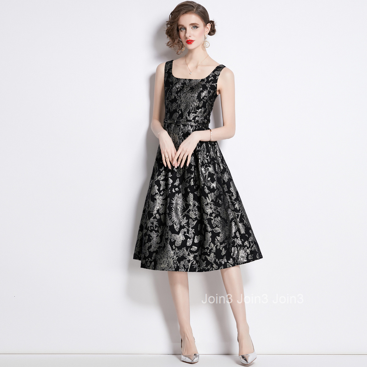 1626 Summer New Womens Fashion Jacquard Strap Waist Slimming Flared Mid-Length Dress