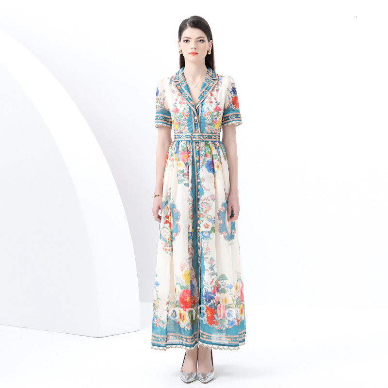 6055 Early Spring New Womens Vacation Style Blazer Collar Single-Breasted Printed Flared Long Dress