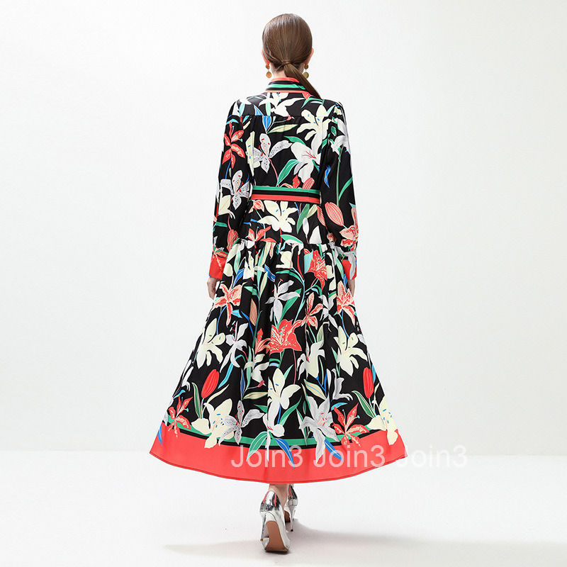 6091 Fashion Elegance Style Stand Collar Single-Breasted Printed Dress