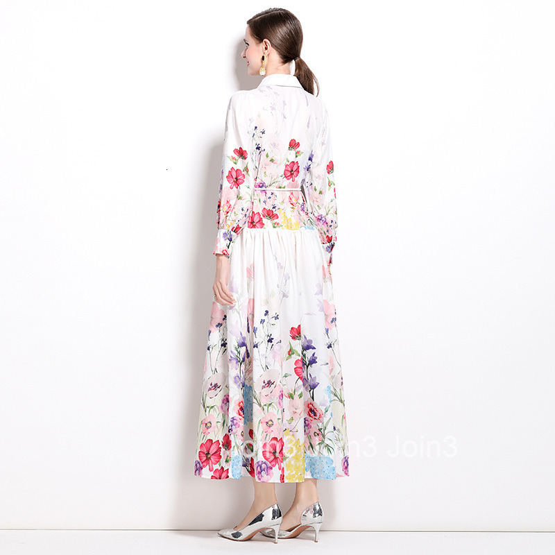 8550 Spring and Autumn new womens fashion temperament waist cinching slim fit dress long sleeved large swing long skirt