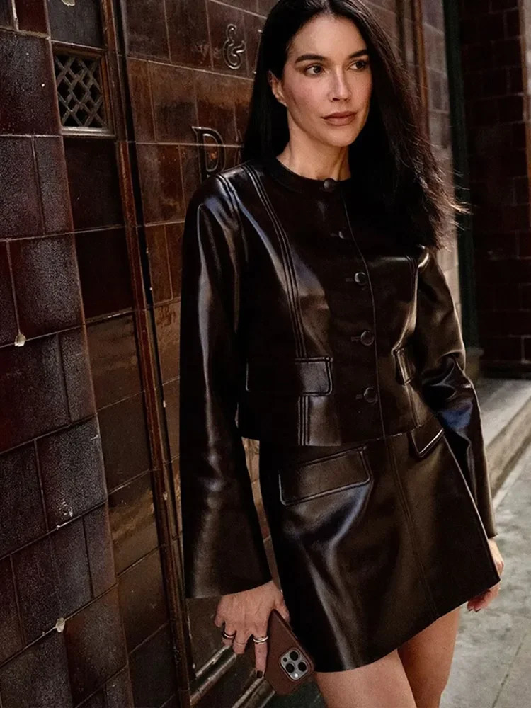 Womens Motorcycle Leather Outfit 2 Piece Set ONeck Single Breasted Jacket ALine Mini Skirt Matching 2025 Autumn 250707