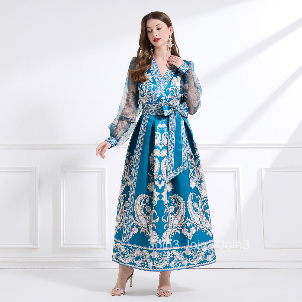 2179 Spring Holiday Style Tie Wrap Dress Lantern Sleeve Cross Neck Printed Flared Long Dress