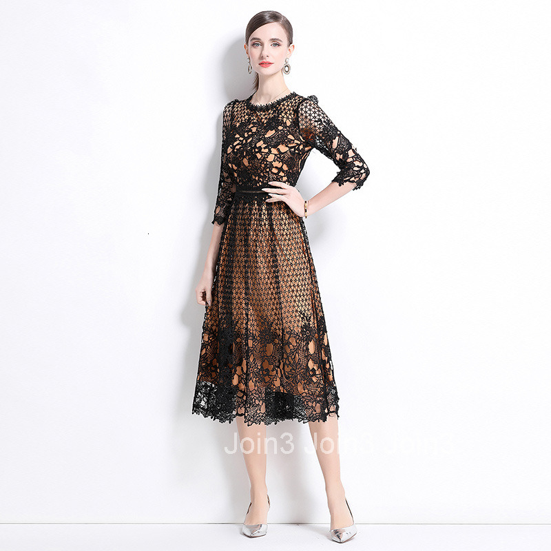 552 Mid-Length Sleeve Slimming Hollow Water-Soluble Lace Positioning Printed Mid-Length Dress