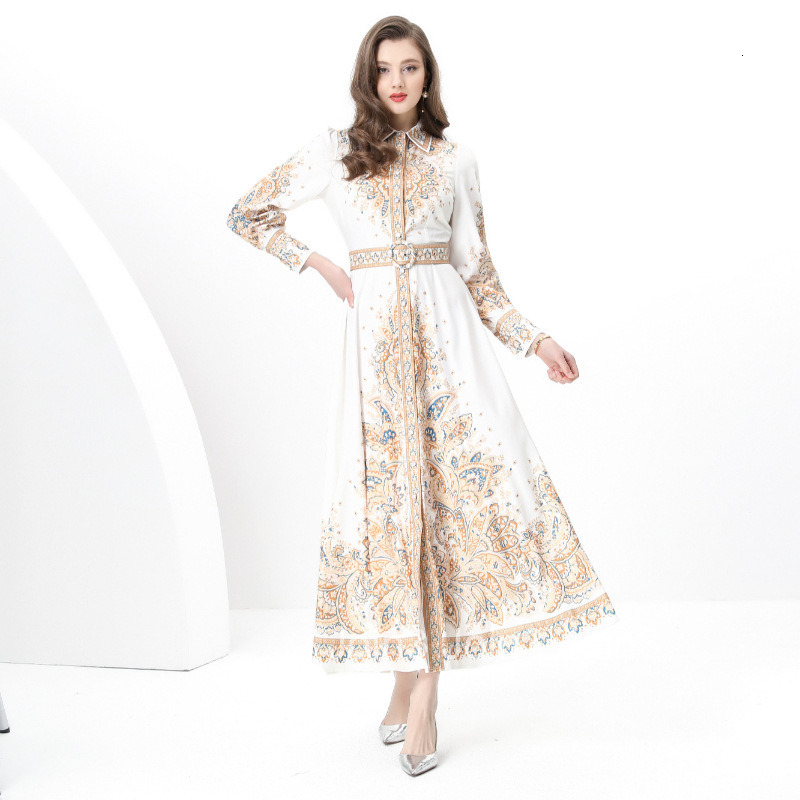 8855 Early Spring Elegance Style Turn-Down Collar Long Sleeve Waist-Cinching Wide Hem Printed Long Dress