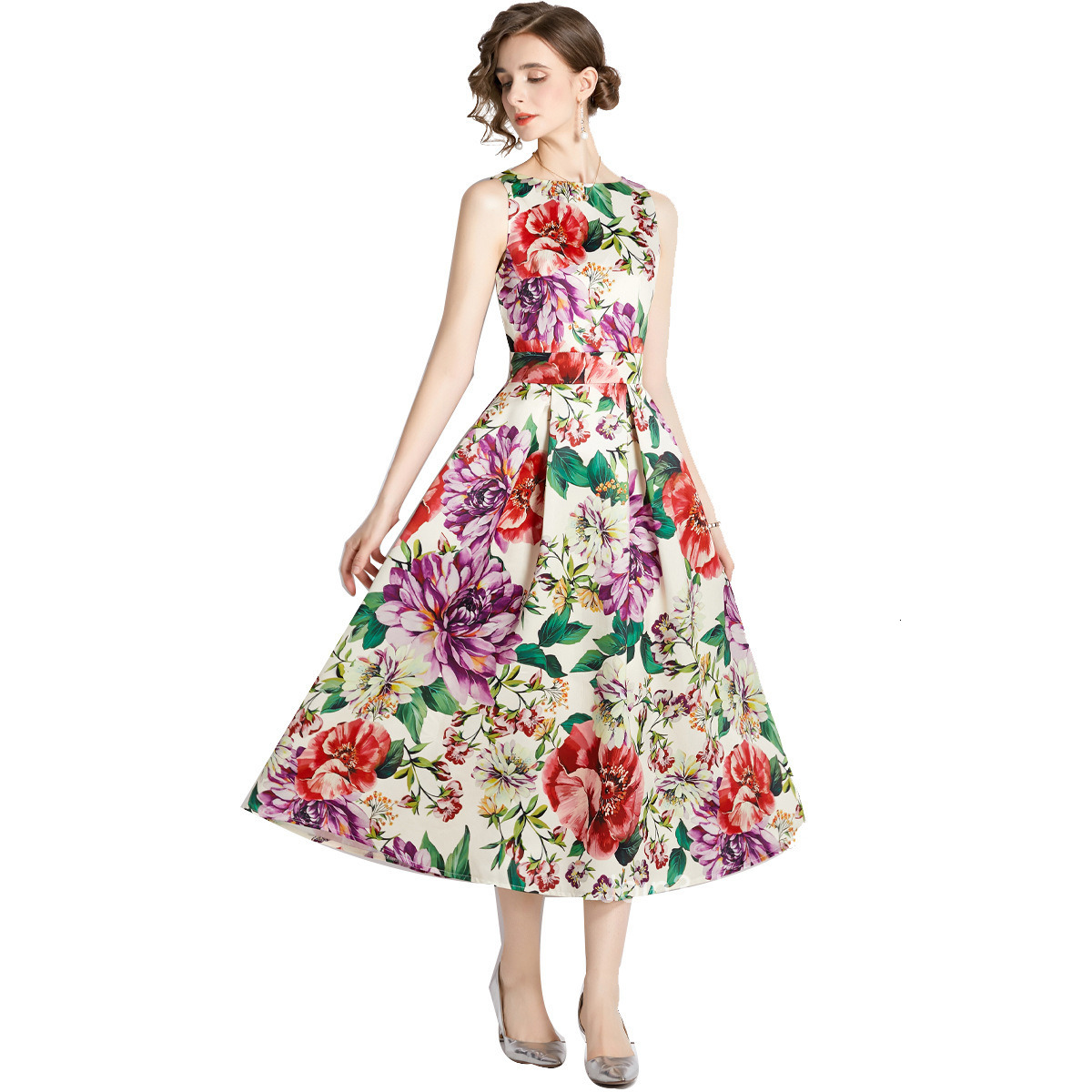 6178 Summer New Womens Printed Sleeveless High Waist Dress with Slim Fit and Wide Waist Large Swing Long Dress