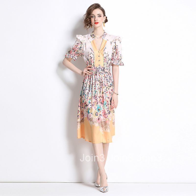 6060 Fashion Elegance Style Stand Collar Single-Breasted Printed Dress