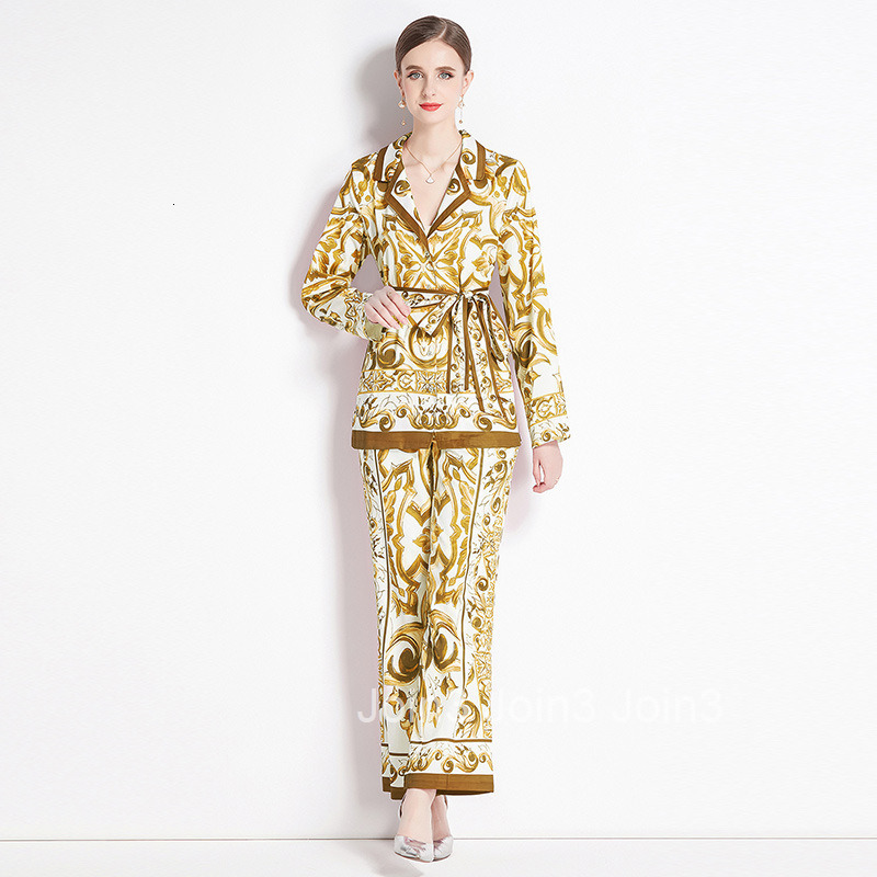 8656 Fashion Suit Set with Printed Shirt and High-Waisted Straight-Leg Wide Pants