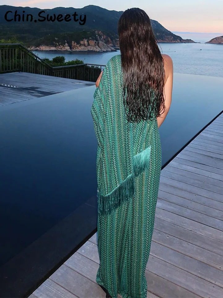 Elegant Tassel Printed Long Dress Women Loose V-neck Full Sleeve Scarf Dresses Female 2025 Summer Lady Beach Vacation Robes 250717