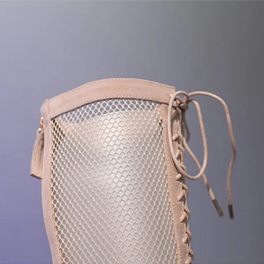Summer Roman Lace Up Shoes Women Sandals Sexy Mesh Cut-Outs Pointed Toe High Heels Woman Black Kid Suede Ladies Long Short Boots 250714