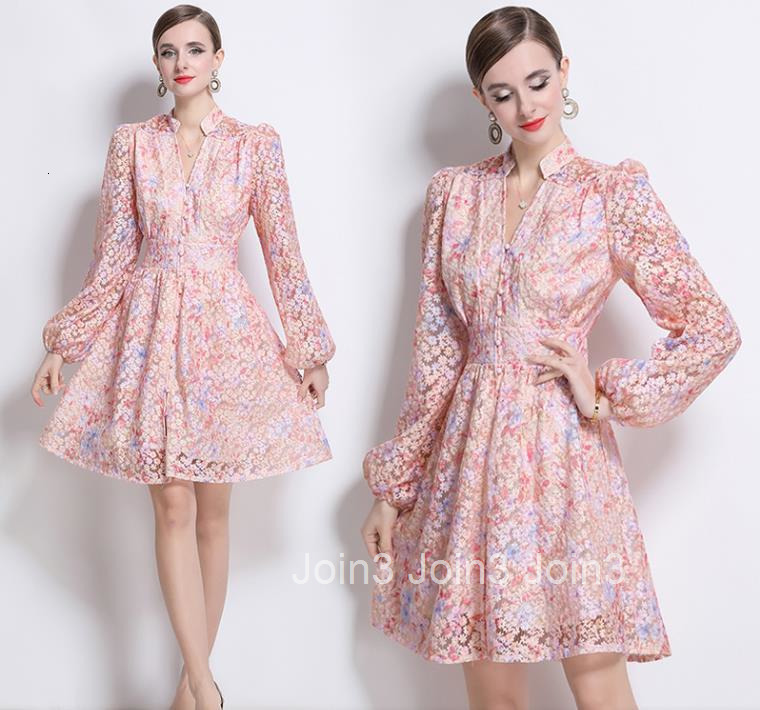 6975 Elegance Style Elegant Single-Breasted Lantern Sleeve Womens Summer Floral Sweet Youthful Midi Dress