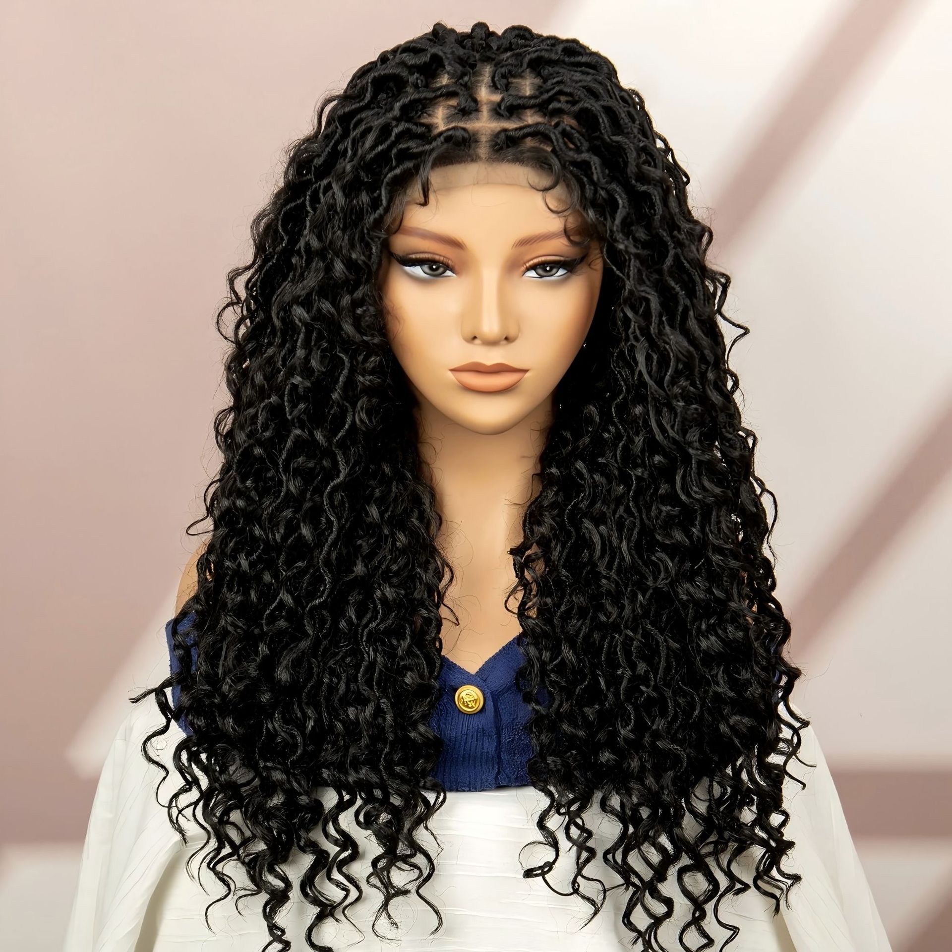 Natural Black Box Braided Wigs Simulation Human Hair Lace Front Wig For Women Black Braid Wigs Long Wig Curly Triangle Knotless Braided Hair Full Lace