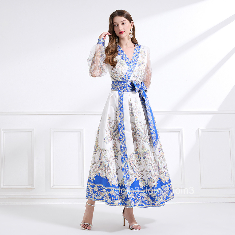 2179 Spring Holiday Style Tie Wrap Dress Lantern Sleeve Cross Neck Printed Flared Long Dress