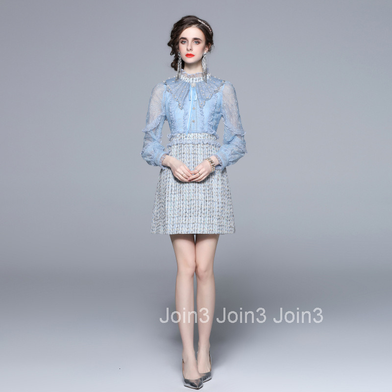 925 Autumn New Womens Clothing Elegant Blue Embroidered Nail Bead Fake Two piece Coarse Flower Short Skirt Dress