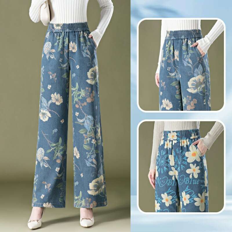 1008 Tencel Denim Printed Straight Wide-Leg for Women 2024 Autumn New Korean Style Casual Middle-Aged Women's Pants