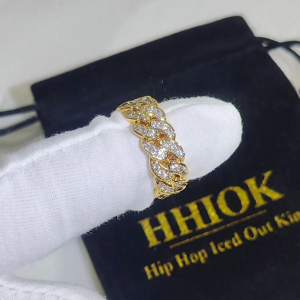 iced Out Personalized Fashion Cuban Link Chain Ring Gold Plated Bling CZ Simulated Zircon Hip Hop Ring for Men Women 250717