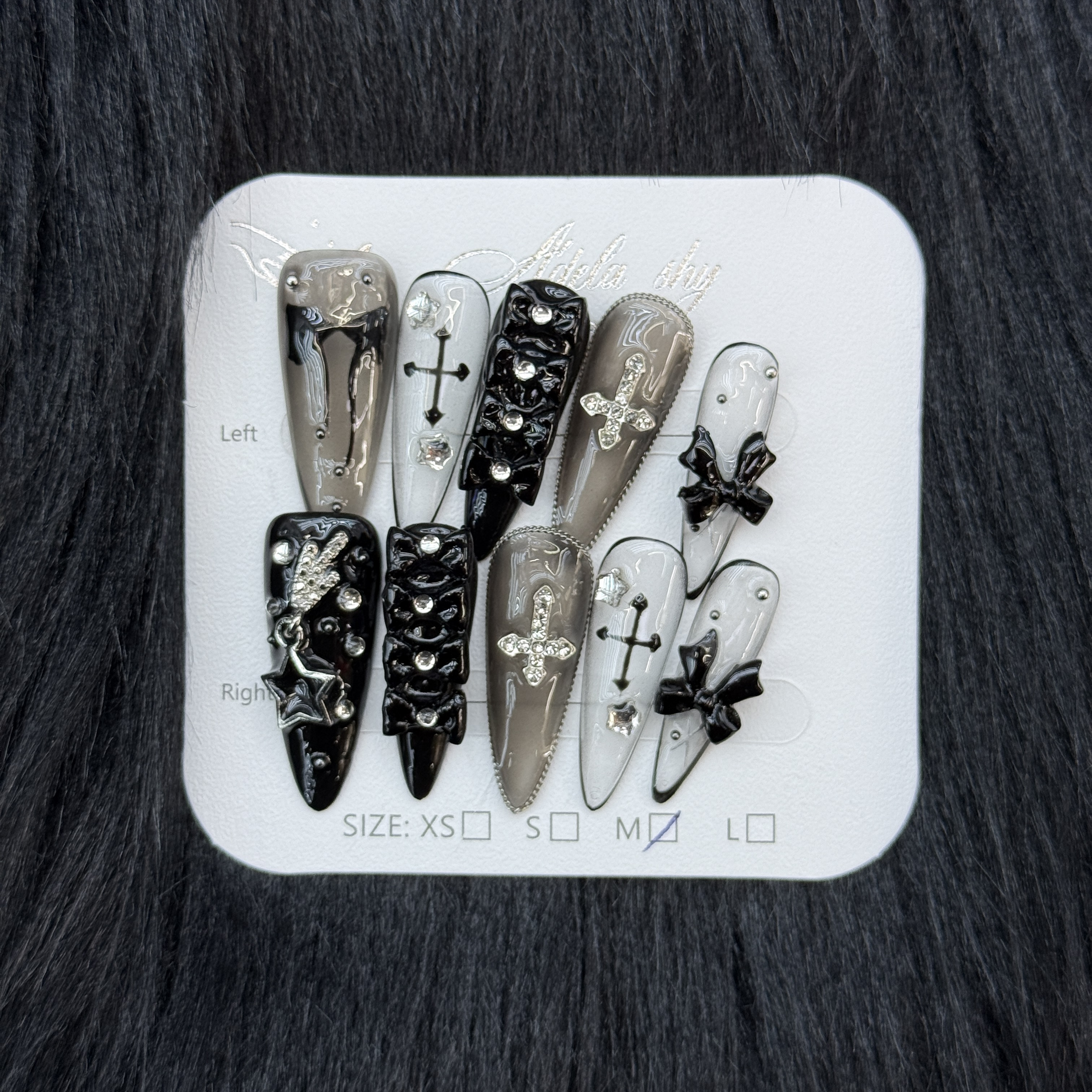 False Nails 10pcs Long Coffin Black White Grey Cross Bow Skull Rhinestone Detachable Full Cover Press On DIY Handmade press on nails