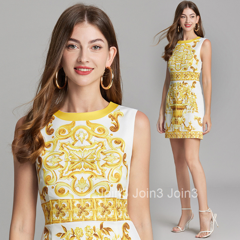 494 Summer New Womens Blue and White Porcelain Printed Sleeveless Dress High Waist Slimming Round Neck Short Skirt