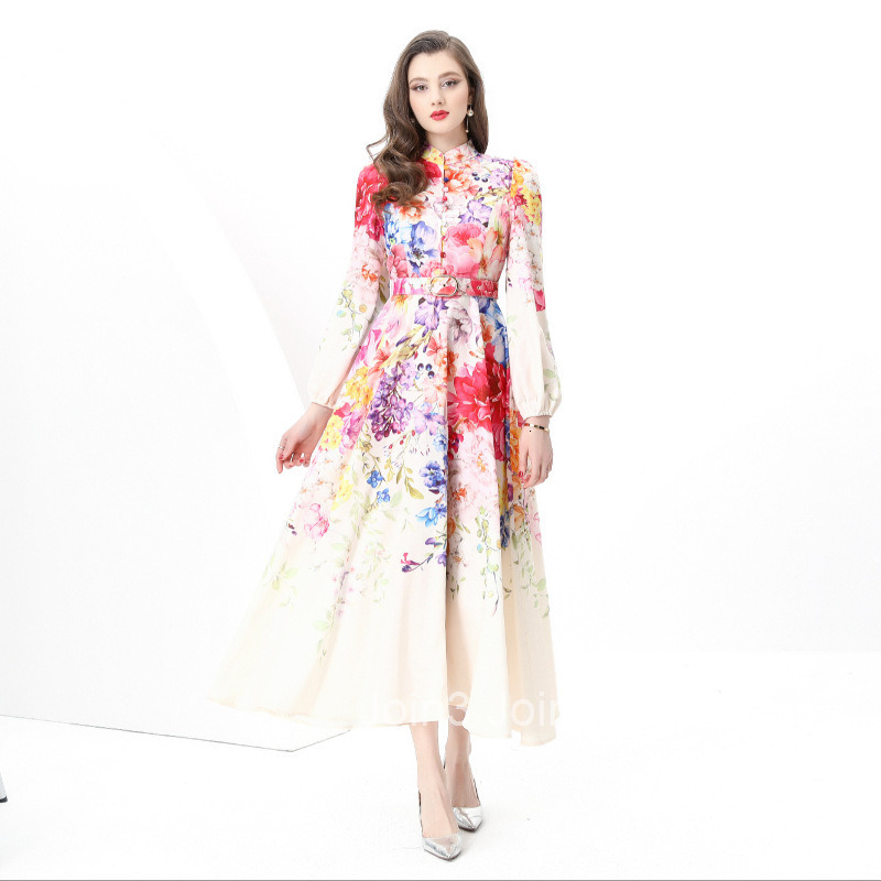 8860 Early Spring New Womens Vacation Style Stand Collar Single Breasted Printed Flared Long Dress