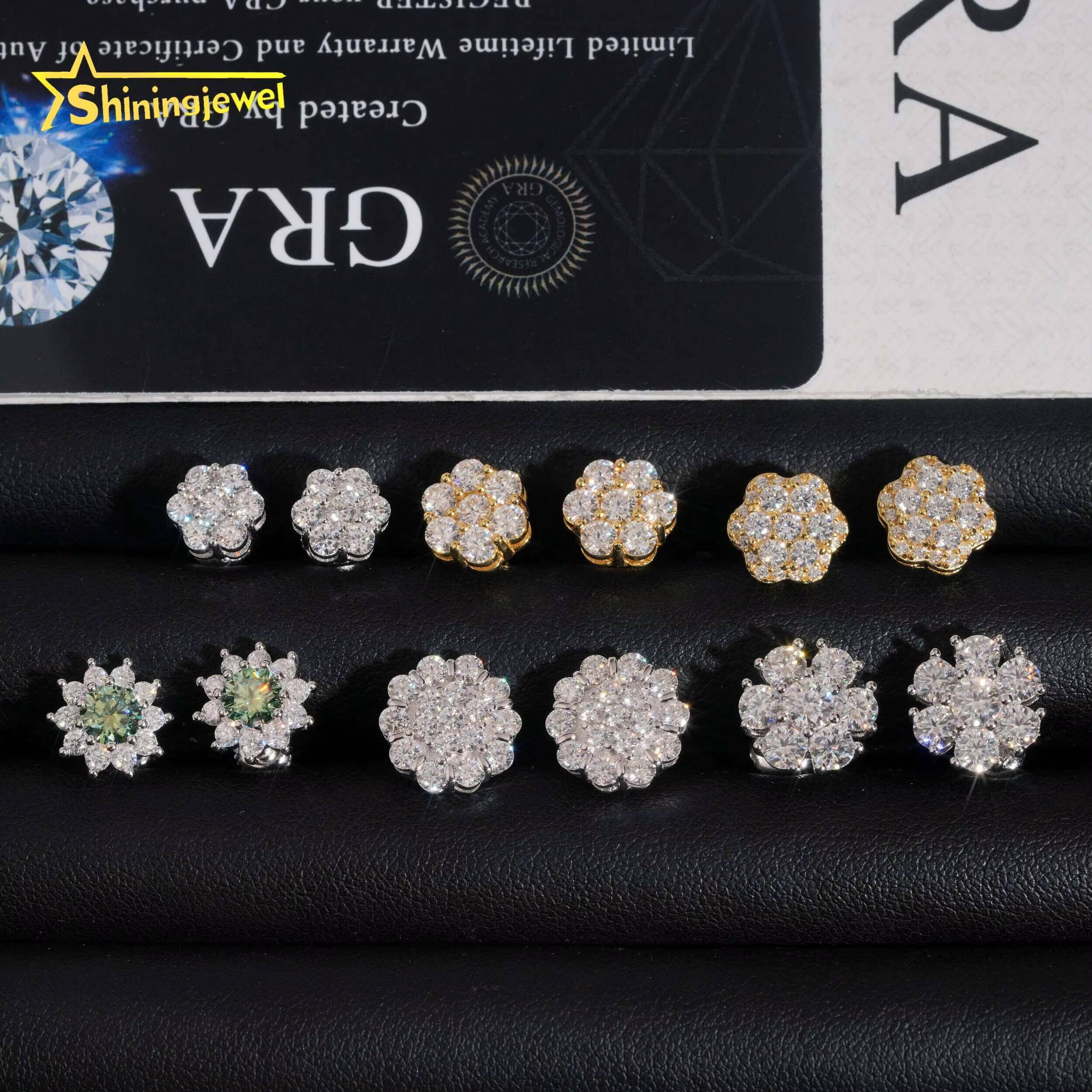 Hot Selling Hip Hop Flower Moissanite Earrings Screw Back Fine Jewelry Men Women Stud Earrings Moissanite 925 Sterling Silver