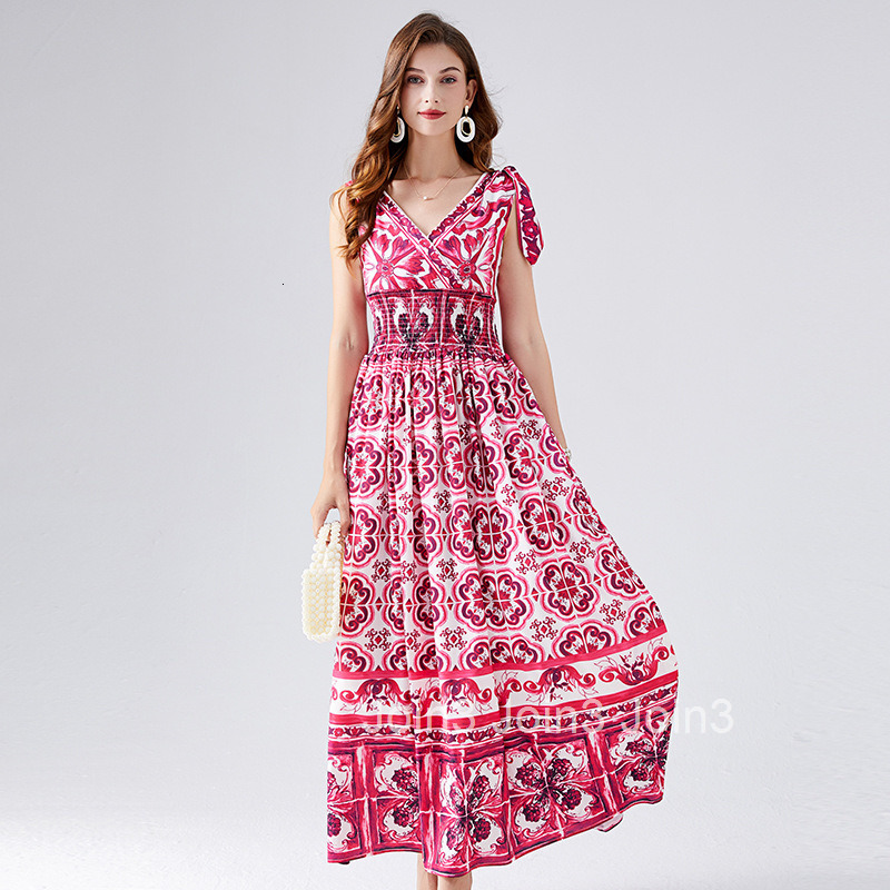 499 Summer Sexy V-neck Printed Elastic High-waisted Dress with Bow Tie Slim Fit Flared Dress