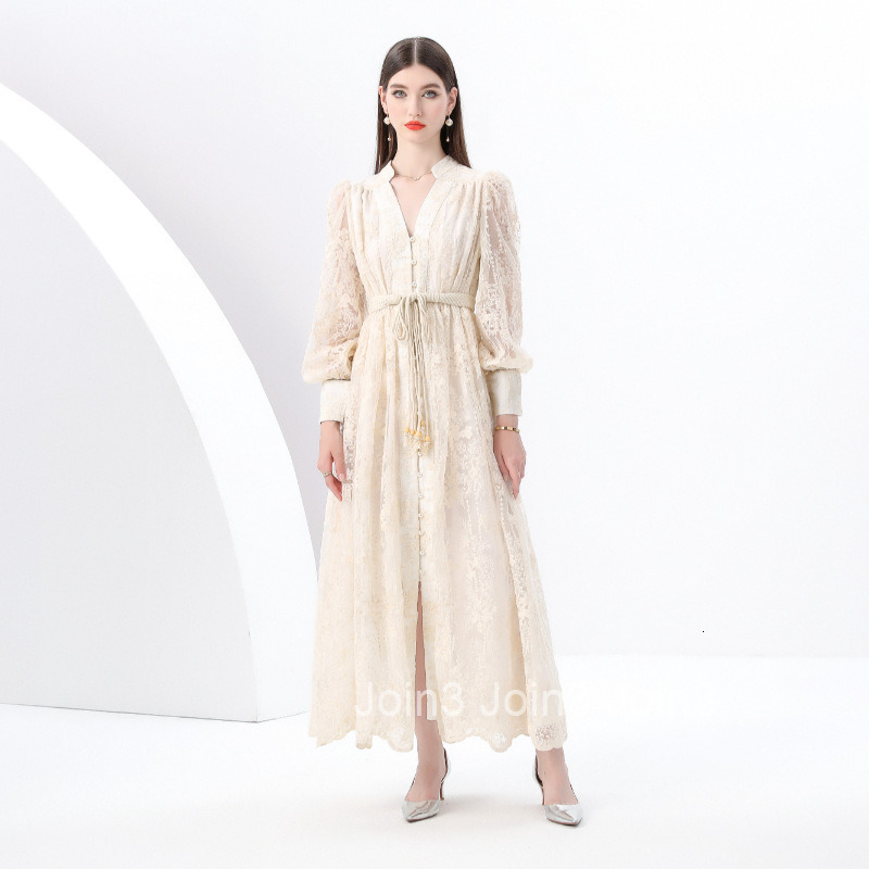6280 Early Spring New Womens Elegance Style V-neck Lantern Sleeve Embroidered Large Hem Long Dress