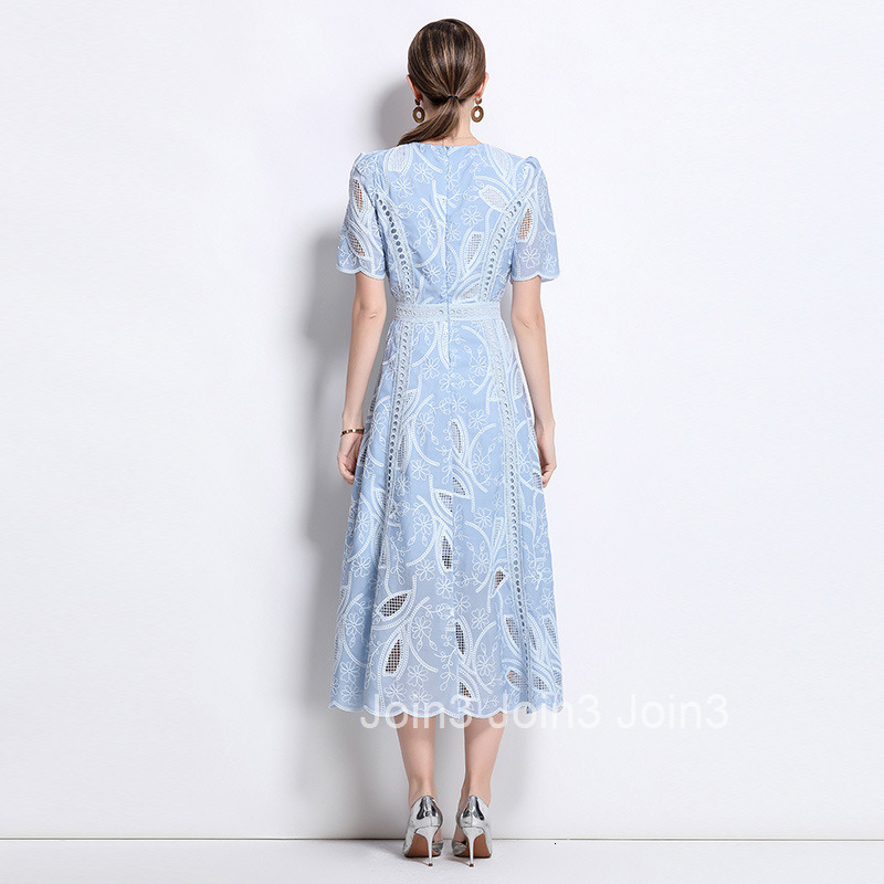 6974 Summer French Heavy Embroidered Hollow Out Round Neck Waist-Cinching Short Sleeve Dress for Women Slimming Long Dress