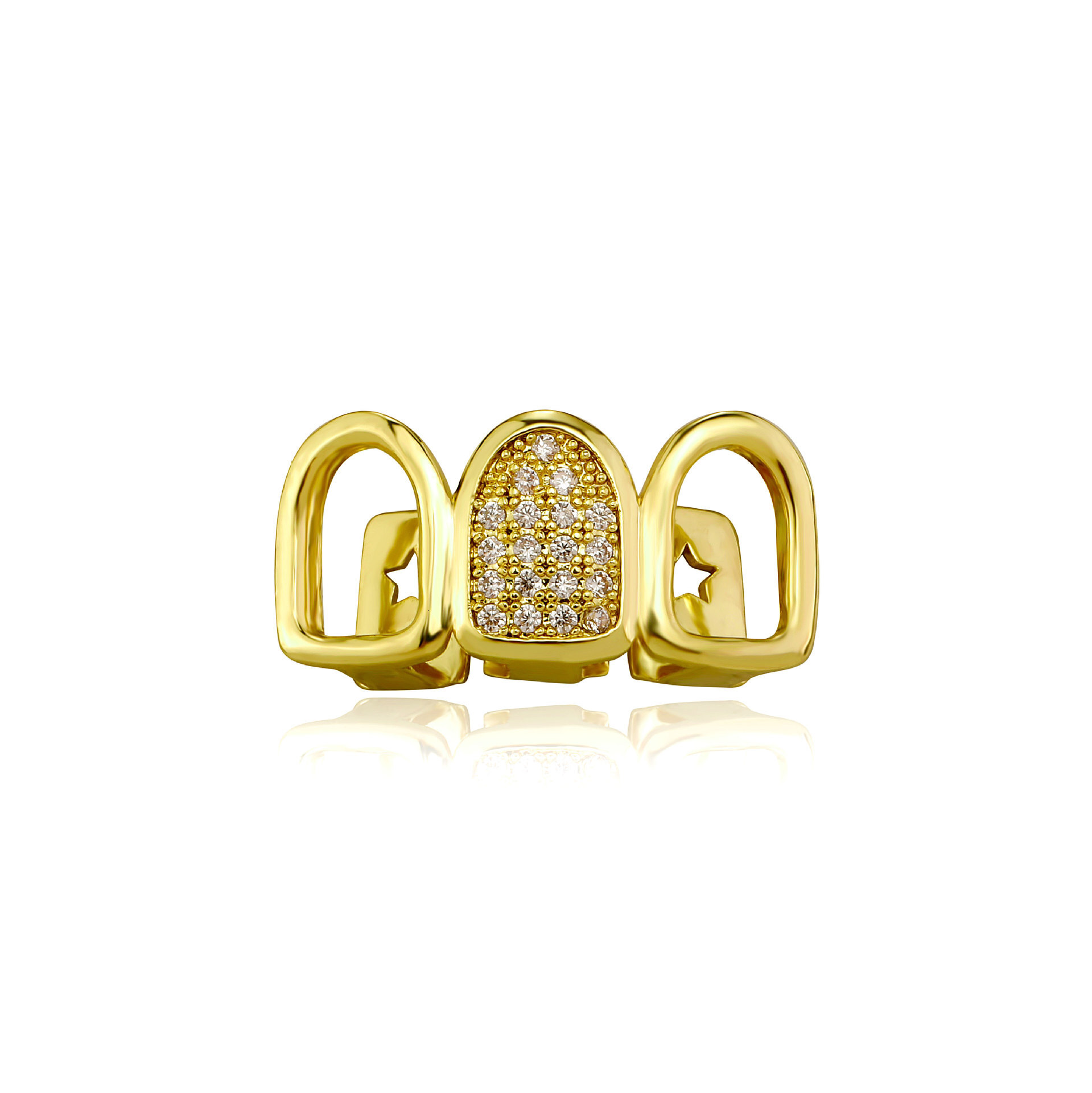 Luxury Hollow Three-Row Unique Gold Plated Iced Out VVS Moissanite Grillz Halloween Hip Hop Tooth Jewelry
