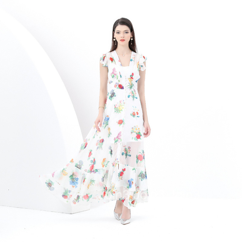 6092 Early Spring New Womens Fashion V-neck Flared Long Dress Elegant Floral Dress Two-piece Set