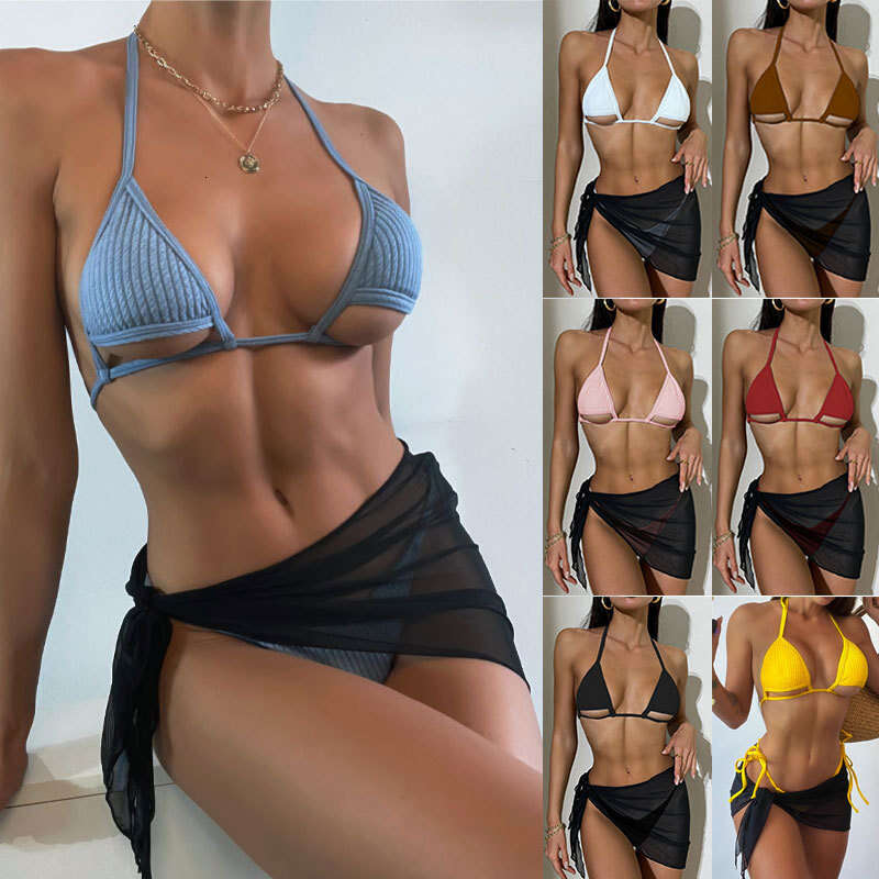 European and American Knitted Tie Design Three-Piece Swimsuit with Cover-Up Sexy Bikini Set New Casual Versatile Fashion Clothing