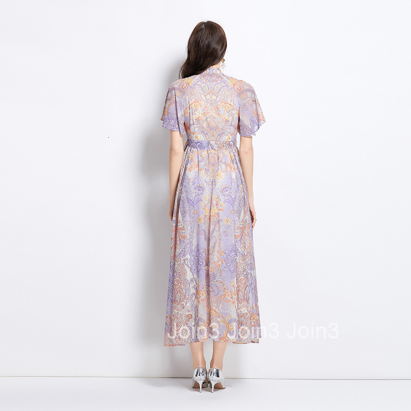 2656 Spring Summer New Small Flutter Sleeve Ruffled Floral Colorful Waist-Cinching Stand Collar Dress