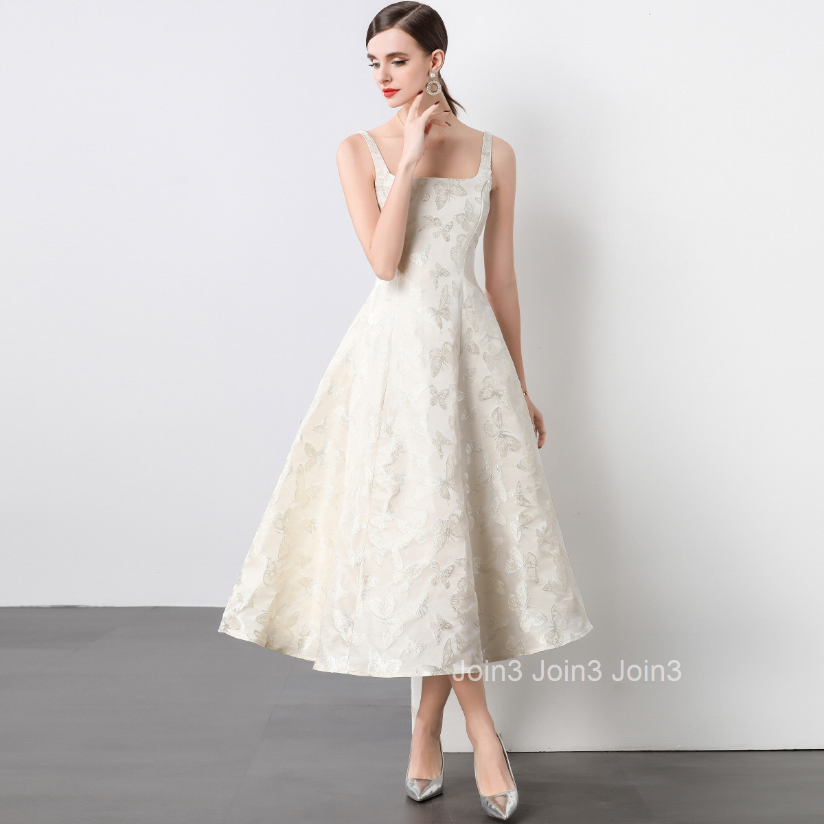 6905 Spring/Summer New Womens Clothing Style Solid Color Jacquard Strap Dress Waist up Dress Big Swing Skirt