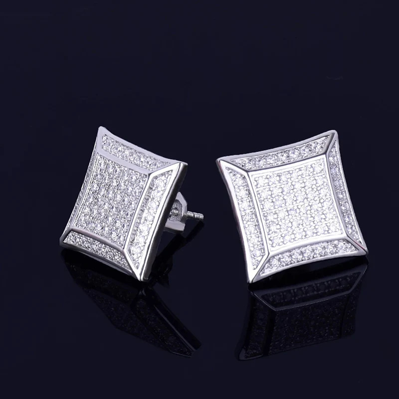 Hip Hop 5CZ Stone Bling Ice Out 15mm Geometric Square Stud Earrings for Men Rapper Jewelry Gold Silver Color Drop 250715