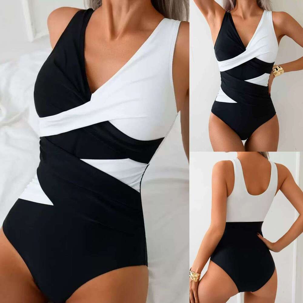 2025 New for Women Color Block Cross Tie One-Piece Bikini Swimsuit