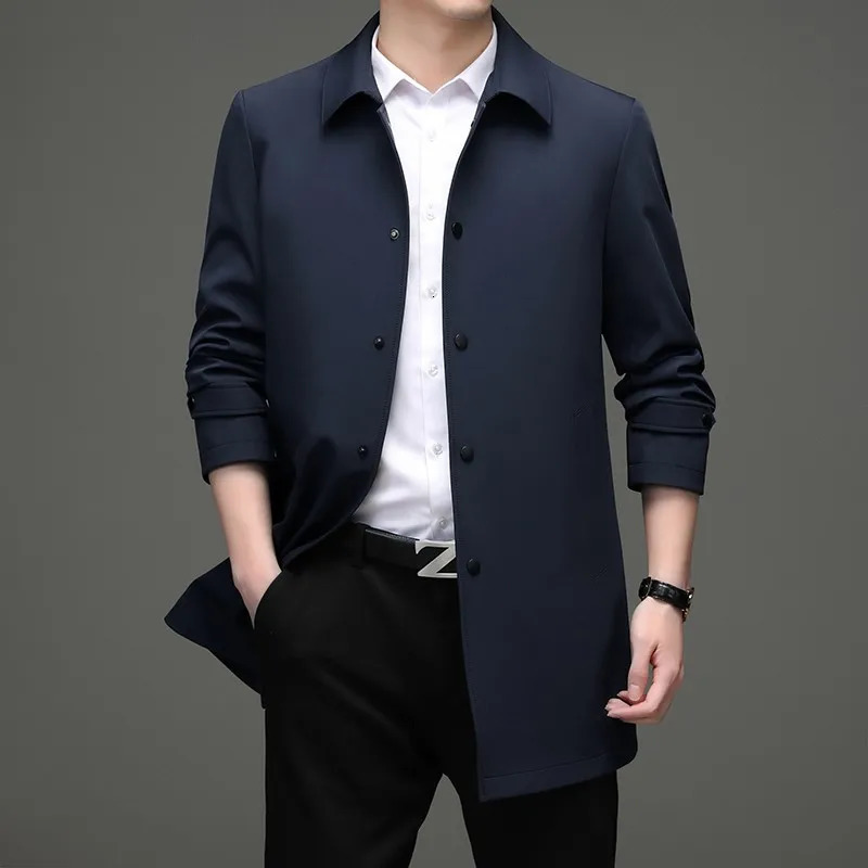 High quality Solid Trench Coats Mens Business Casual Fashion Wild Trench Turn-Down Collar Slim Trench Coat Male 250716