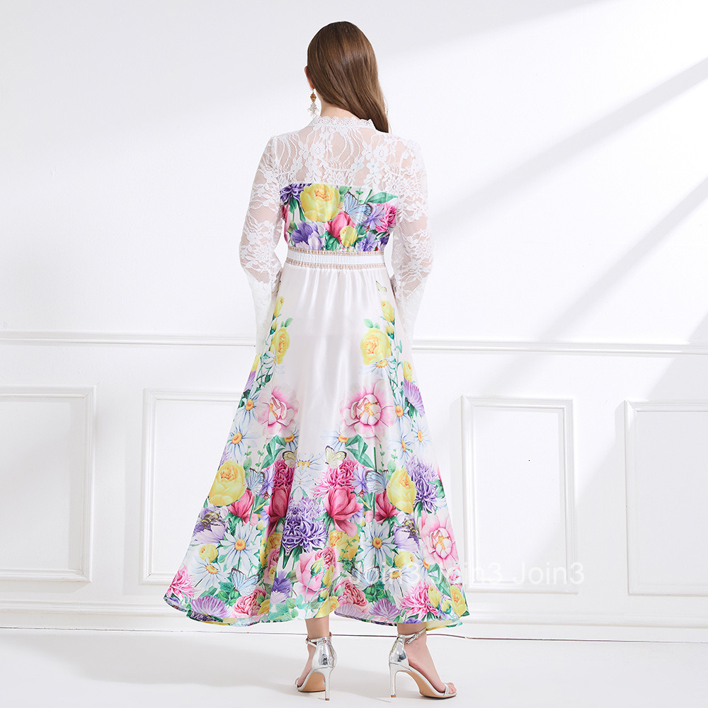 2183 Spring New Womens Fashion Elegant Vacation Style Lace Trim Patchwork Print Waist-Cinching Long Dress